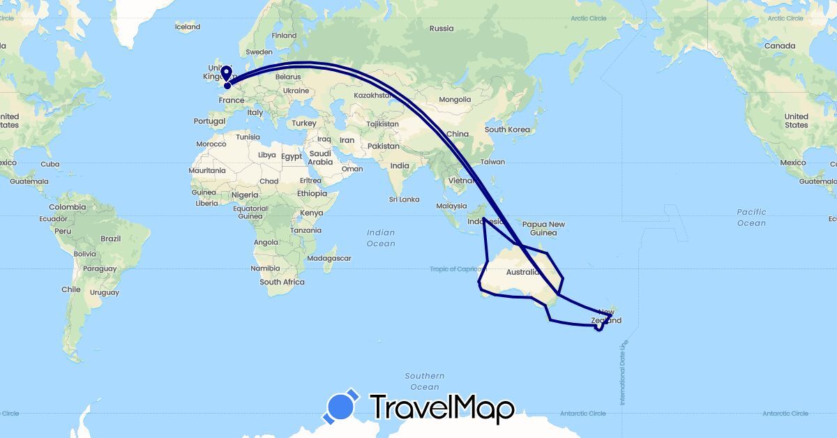 TravelMap itinerary: driving in Australia, United Kingdom, Indonesia, New Zealand (Asia, Europe, Oceania)