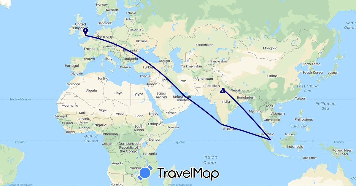 TravelMap itinerary: driving in United Arab Emirates, United Kingdom, India, Singapore (Asia, Europe)